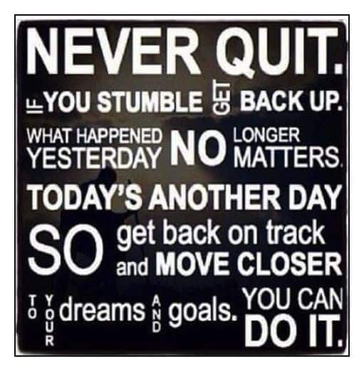 Sign with several different Never Quit sayings.
